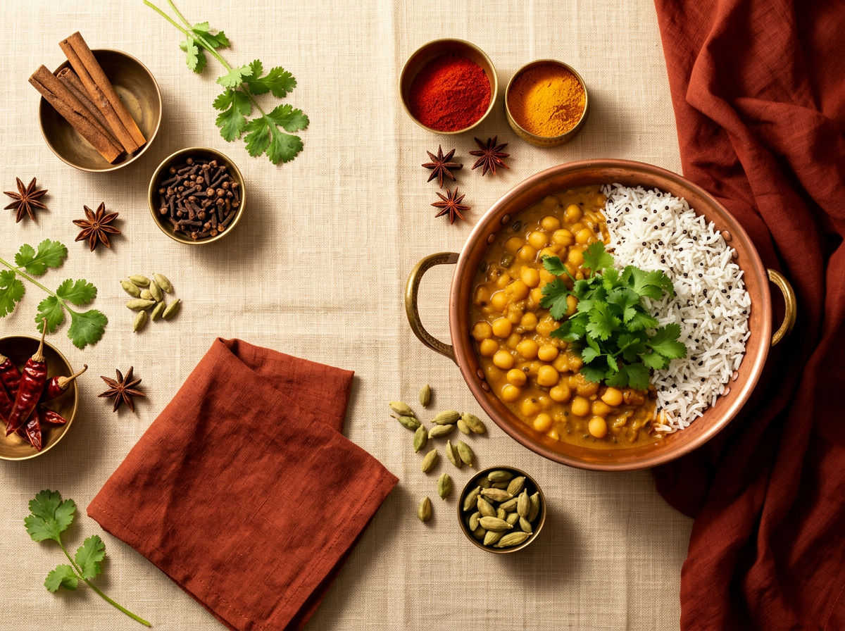 Chickpea curry with rice, fresh herbs and whole spices on linen