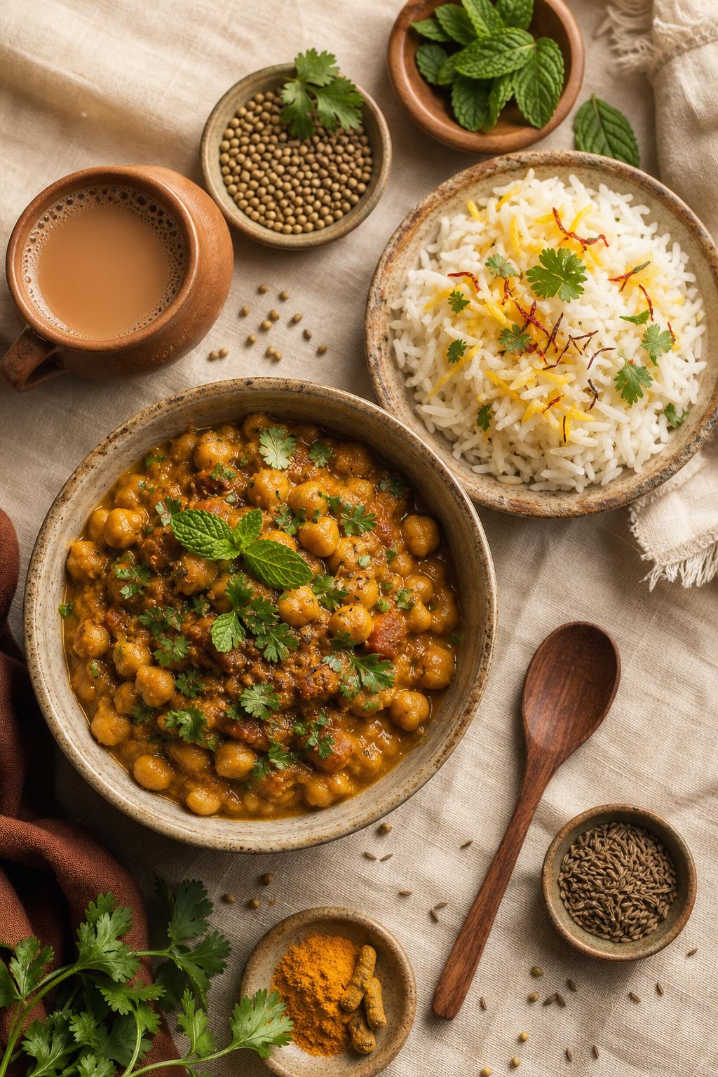 Beautifully styled chickpea curry spread with rice, fresh herbs and warm spices