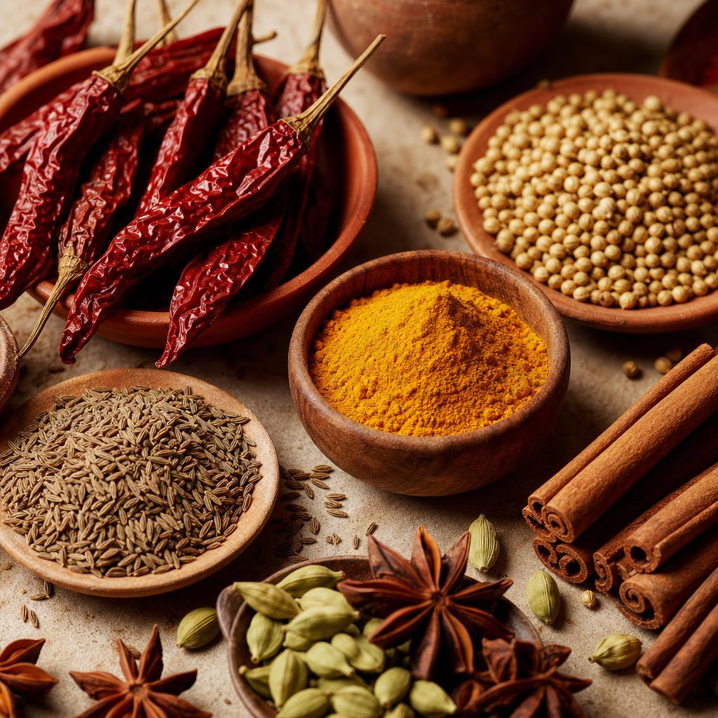 Whole spices and dried chillies